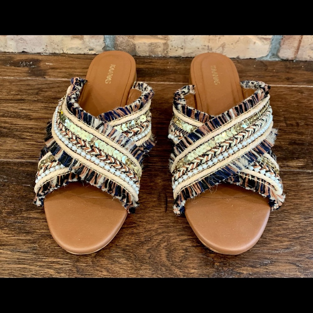 Slide Sandals by Kansas multi frayed fringe